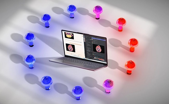 在創意設置中的筆記型電腦，電腦被色彩繽紛的 LED 燈圍繞；Lenovo IdeaPad Slim 3i Gen 10