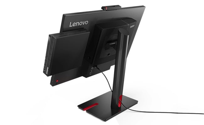 Lenovo ThinkCentre Tiny-in-One 屏幕的背面視圖，後方接駁 Lenovo ThinkCentre M70q Gen 5 Tiny 個人電腦。