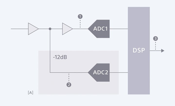 圖表顯示 PCM-D10 的數碼限制器如何在最高 -12dB 時錄製備份錄音