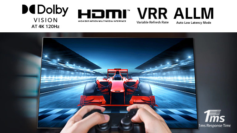 一位玩家在電視螢幕前玩賽車遊戲的特寫。在圖像上，上方有 Dolby Vision 標誌、 HDMI 標誌、VRR 標誌和 ALLM 標誌，下方有「1 毫秒回應時間」的標誌。