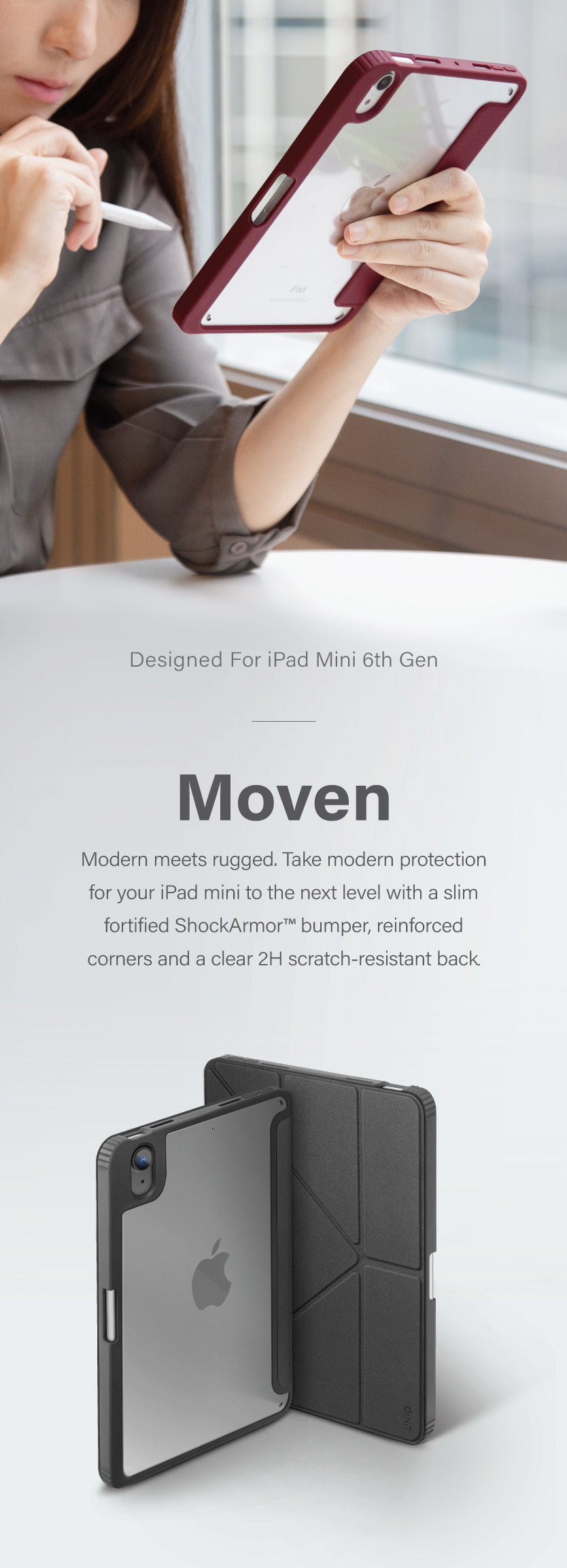 UNIQ Moven slim tough protective case for iPad mini with clear back and apple pencil holder