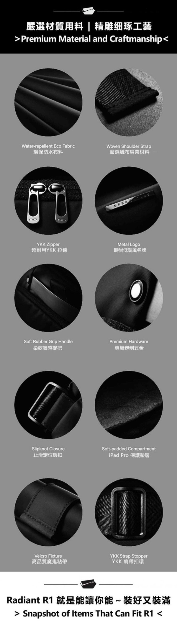 NIID Radiant R1 極速行動單肩包 - 珍珠黑 | 磁吸開口 | 防水布料產品介紹圖Outlet Express生活百貨城
