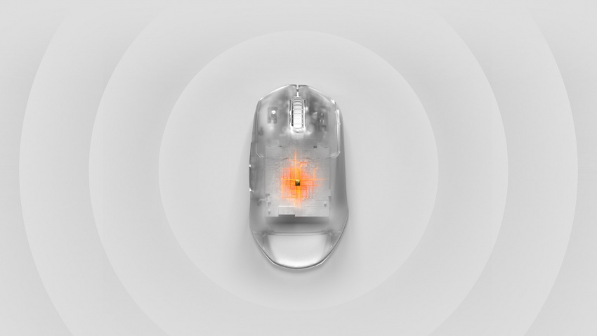 透明的滑鼠，俯視可以看到感應器，從中心發出漣漪。