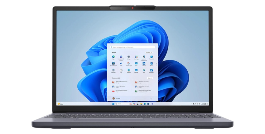 Front view of Lenovo IdeaPad Slim 3 Gen 10 (15” AMD) luna grey laptop, boasting its dynamic display & narrow bezels for immersive viewing experiences.