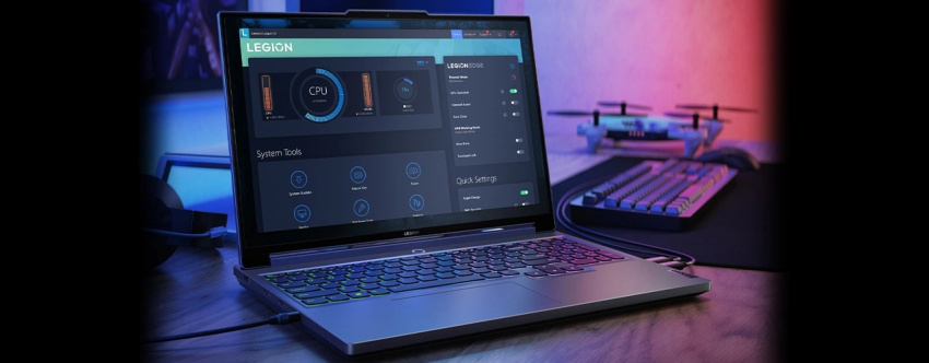 Legion 5i laptop facing right with Nahimic Audio software running on screen