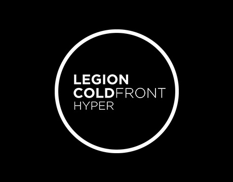 黑色背景上採用白色的 Legion ColdFront Hyper 圓形標誌。