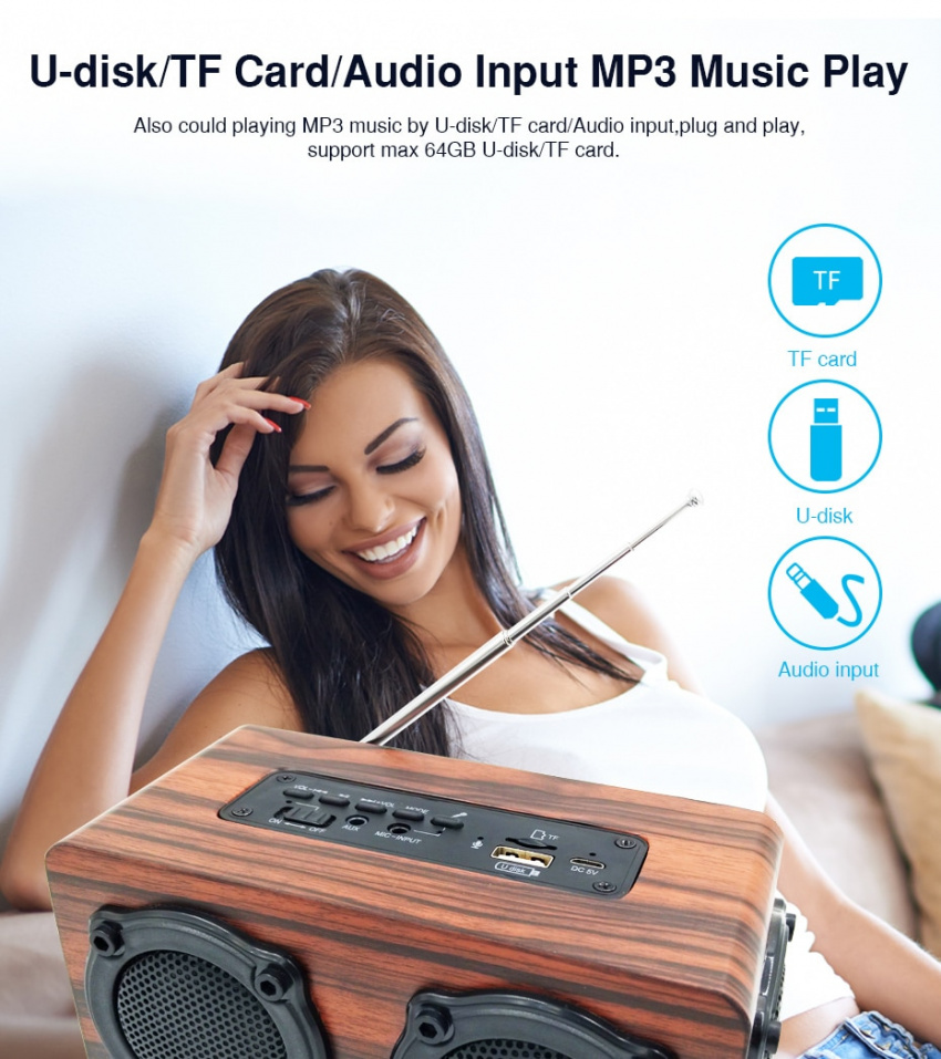 Wooden Bluetooth Speaker HIFI Wireless Dual Loudspeakers 3D Bass Surround Speaker with Karaoke function Hands free call FM radio (4)