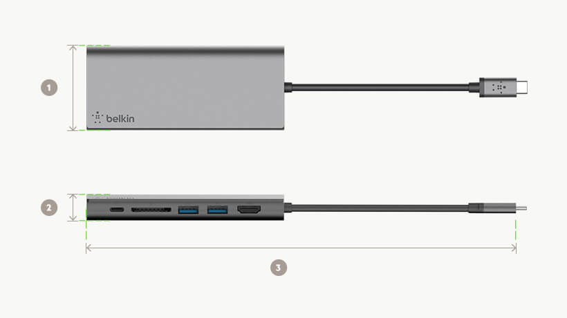 Belkin USB-C™ 多媒體集線器尺寸圖