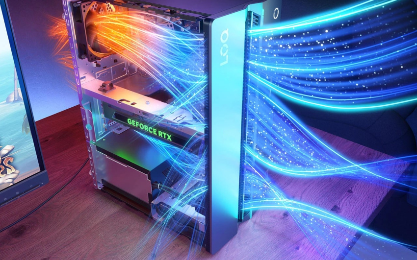 內部佈局，顯示 Lenovo LOQ Tower 17IAX10 桌上型電腦的先進氣流和散熱架構。