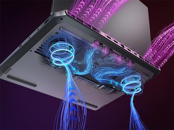 Bottom rear view of the Lenovo LOQ 15AHP9 laptop, with curving lines representing thermal discharge