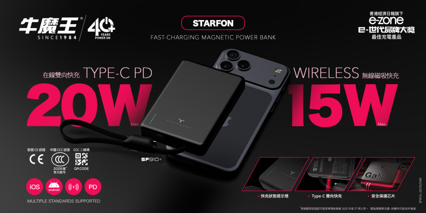 2026 CCC 認證* 牛魔王Maxpower SF910+ 10,000mAh 磁力無線外置充電器