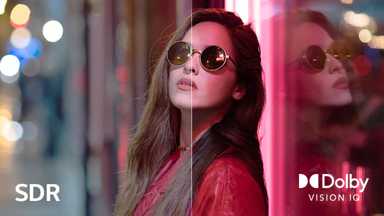 圖像中戴著太陽眼鏡的女人被劃分為兩個畫面，以進行視覺比較。在圖像中，左下角顯示 SDR 文字，右下角有 Dolby Vision IQ 標誌。