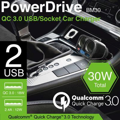 POWERHUB BM30 2-Socket and 2-USB QC 3.0 Car Charger