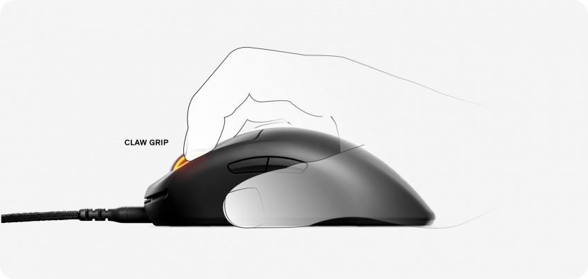 Illustration of a hand using the Prime Mini mouse with a claw grip.