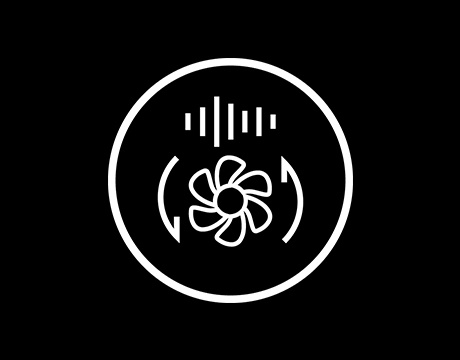 黑色背景上的圓圈中有白色的風扇圖示，圖示有氣流和調節條。