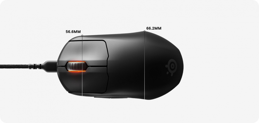 Overhead view of the Prime Mini mouse dimensions, with width listed as 59 mm across the scroll wheel and 67.9 mm width listed across the widest part of the mouse.