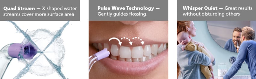 nozzle in use; person using nozzle; man using flosser in bathroom next to child and woman