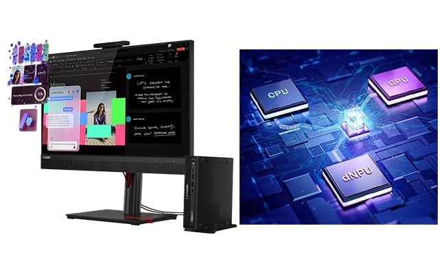 在 Lenovo ThinkCentre M70q Gen 6 小型電腦上體驗 AI 增強任務，配備 CPU、GPU 及 NPU 計算能力。