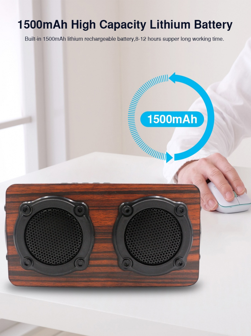Wooden Bluetooth Speaker HIFI Wireless Dual Loudspeakers 3D Bass Surround Speaker with Karaoke function Hands free call FM radio (7)