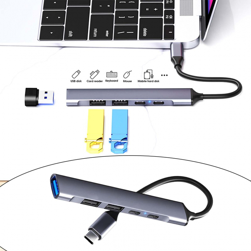 USB Type Hub USB2.0 Ports 1 USB 3.0 5Gbps Converter Multiports Adapter for Type C Devices