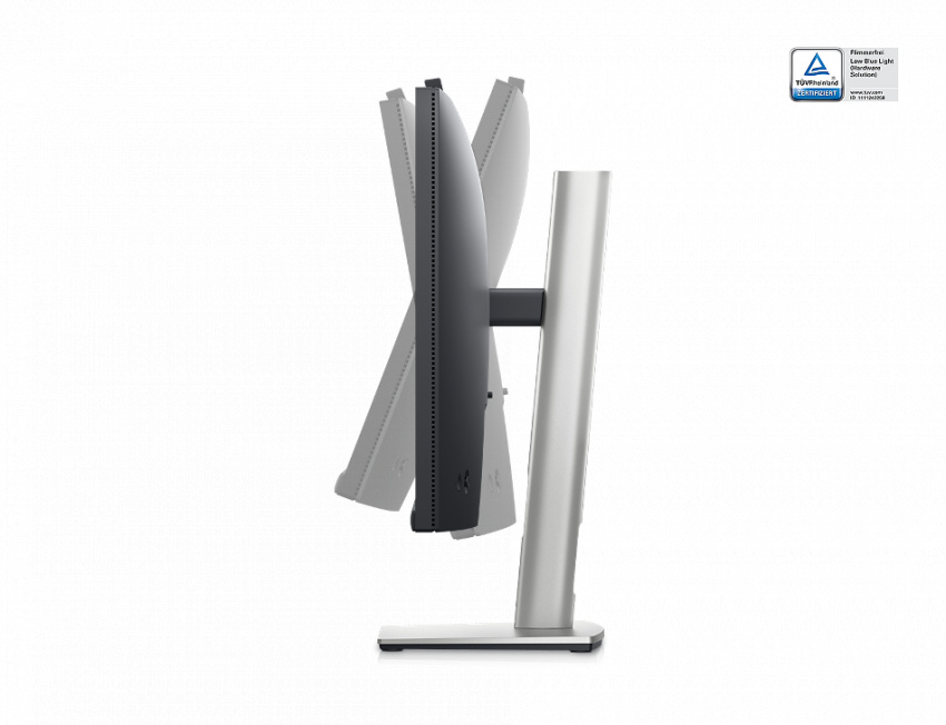 藍白色背景前的 Dell C2423H 視訊會議顯示器的圖片，螢幕呈現操作界面。