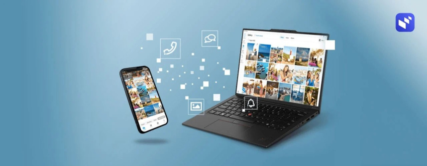 智能手機飄浮在 Lenovo ThinkPad X1 Carbon Gen 12 筆記簿型電腦旁邊，機身打開 90 度，背景有電話、訊息及通知圖示。