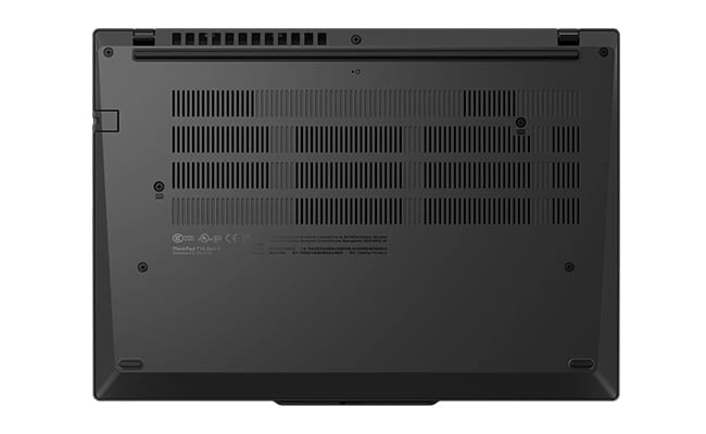 Lenovo ThinkPad T14 Gen 5 (14” AMD) 日食黑款式筆記簿型電腦底蓋的頂視圖，焦點落在背部通風口上。