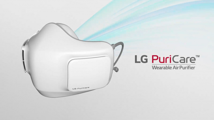 LG Puricare 穿戴式空氣清新機的外部正面朝向鏡頭。藍色光線從穿戴式空氣清新機內部向後發射。