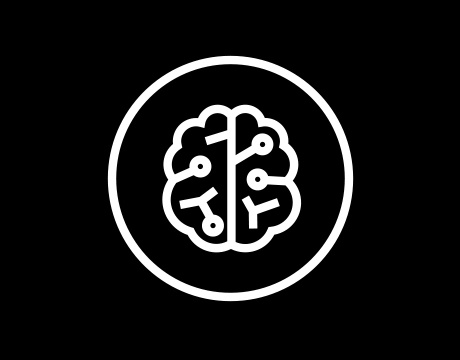 白色大腦形狀的 AI Core 圖示，帶有電路線並位於一個黑色圓圈中。