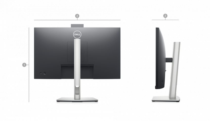 Dell C2423H 視訊會議顯示器的背面圖片，並以數字標示產品尺寸與重量。