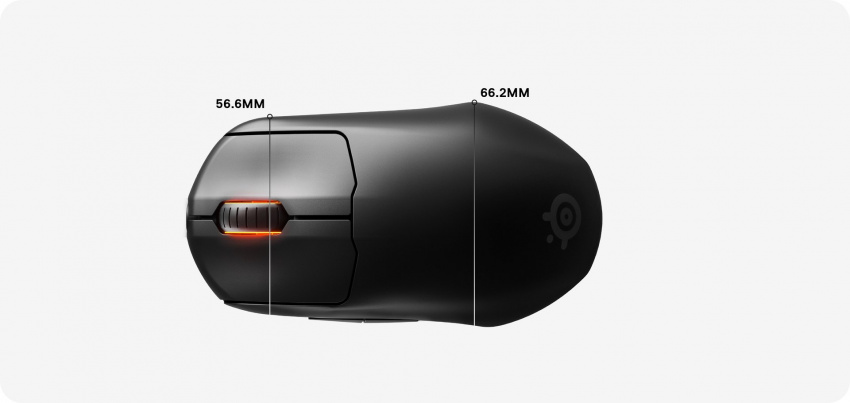 Overhead view of the Prime Mini Wireless mouse dimensions, with width listed as 56.6 mm across the scroll wheel and 66.2 mm width listed across the widest part of the mouse.
