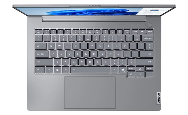 展示 Lenovo ThinkBook 14 第 8 代（14 吋Intel）手提電腦打開的俯視圖，重點展示其鍵盤，配上位置恰當的鍵位和觸控板。
