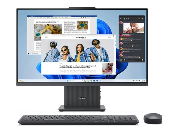 Front-facing view of IdeaCentre AIO i Gen 9 computer with optional keyboard and mouse