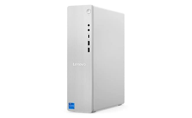 Lenovo IdeaCentre Tower Gen9 (8L Intel) Cloud Grey 桌上型電腦的前右側視圖,突出顯示其妥善配置的電源按鈕和五個反應靈敏的連接埠,底部有一個 Intel® Core™ 處理器標籤。