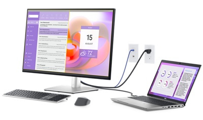 Dell P3223QE 顯示器連接至 Dell 筆記型電腦、鍵盤與滑鼠的圖片。