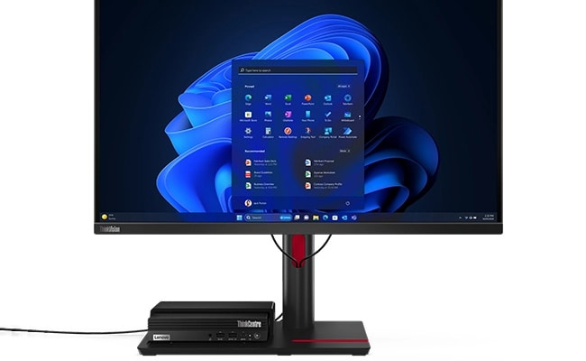 Lenovo ThinkCentre Tiny-in-One 屏幕的正面視圖，顯示器基座的 VESA 企架接駁 Lenovo ThinkCentre M70q Gen 5 Tiny 個人電腦。