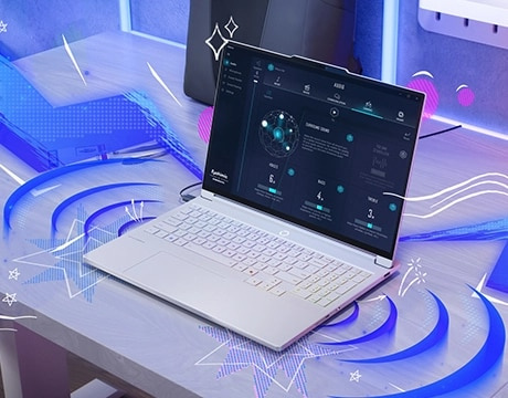 桌上放置的 Legion 7i Gen 10 ，螢幕和鍵盤周圍有藍色的動畫效果。