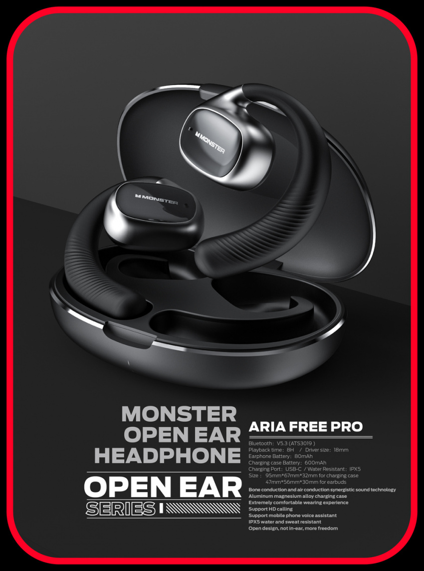 其他材質 藍芽喇叭/音響 黑色 - Monster Aria Free Pro 骨傳導運動藍芽耳機