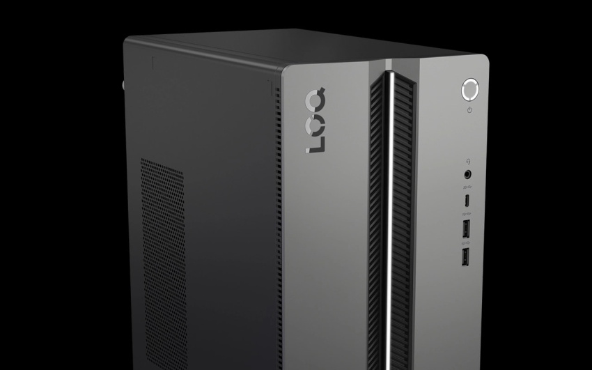 Lenovo LOQ Tower 17IAX10 桌上型電腦，配備大膽的雙色調機殼，傾斜正面設計及掛燈。