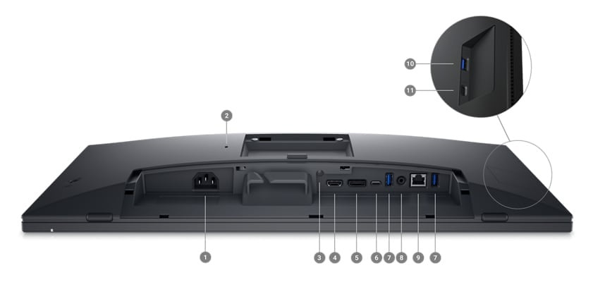 Dell P2424HT USB-C 顯示器，螢幕朝下，數字 1 到 11 顯示本產品的連接能力選項