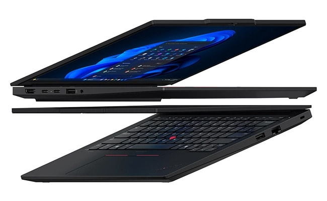 兩部 Lenovo ThinkPad E14 Gen 7 (14 吋 AMD) 筆記型電腦彼此靠近，配備輕薄外型及無縫的裝置配對功能，讓你可以享受無間斷效能。