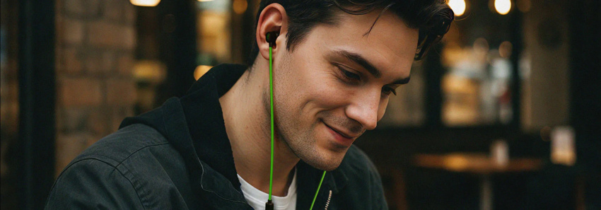 A young man smiling, wearing black earbuds with green cables, in a cozy indoor setting with warm lighting and blurred background.