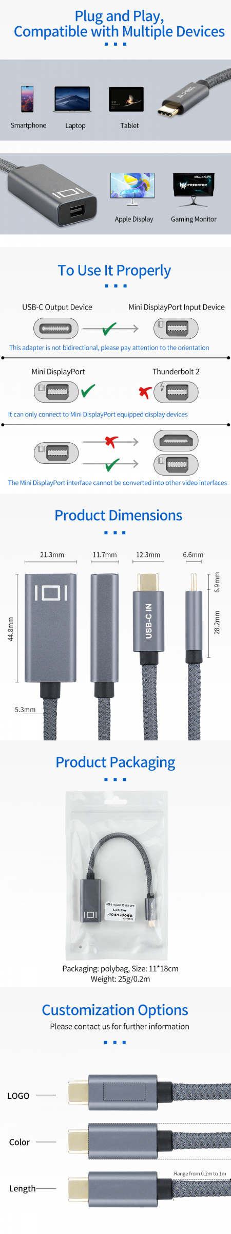 ULT-unite USB C to Mini DisplayPort Adapter 4K 60Hz 2K 144Hz USB-C Male to Mini DP Female Converter