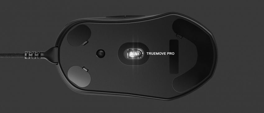 滑鼠底部圖，標籤標示出感應器。右側文字：TrueMove Pro。