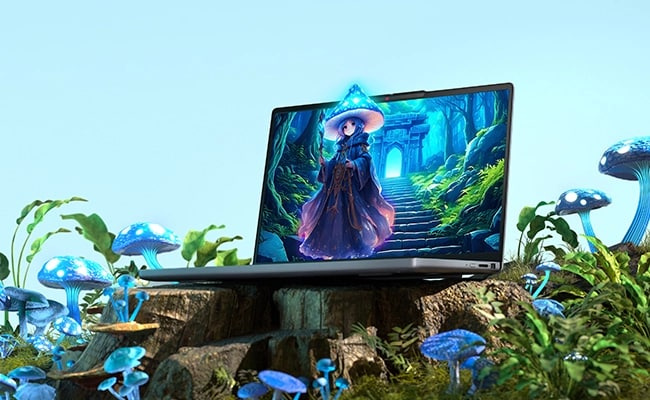 動畫角色置身於鮮明的蘑菇和綠色植物之中，展示著奇幻的藝術作品，Lenovo IdeaPad Slim 3i Gen 10