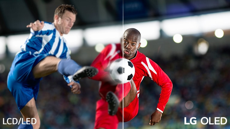 踢足球的場景被畫分為兩部分，以進行視覺比較。在圖像上，左下角顯示 LCD/LED 文字，右下角有 LG OLED 標誌。