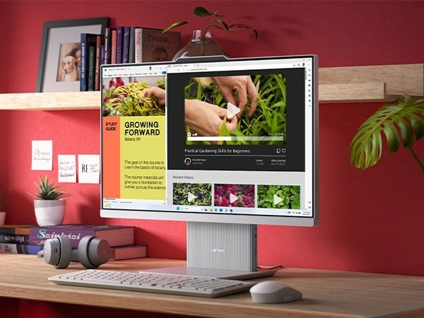 Cloud Grey IdeaCentre AIO i Gen 9 computer on desk with optional keyboard and mouse