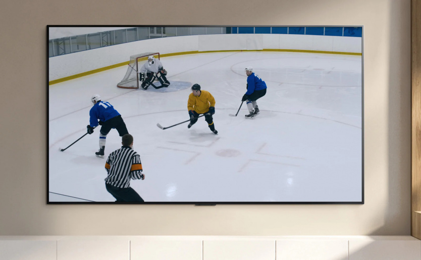 電視螢幕，顯示了曲棍球運動員在打曲棍球（播放影片）