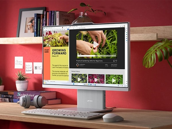 Cloud Grey IdeaCentre AIO i Gen 9 computer on desk with optional keyboard and mouse