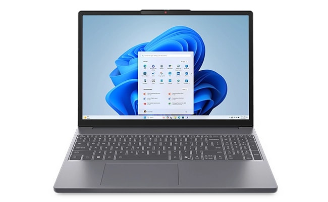 月亮灰色 Lenovo IdeaPad Slim 3 Gen 10（15 吋 AMD）筆記型電腦的正面視圖，其動態螢幕及順暢鍵盤提供無縫生產力及多工處理能力。